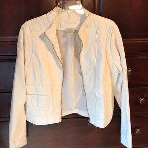 Faux leather off-white motorcycle jacket.